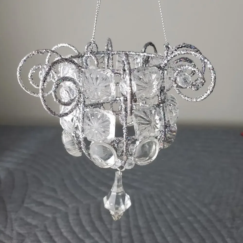Vintage Katherine Style Jeweled Chandileir Ornaments X6 Silver Crystal Christmas